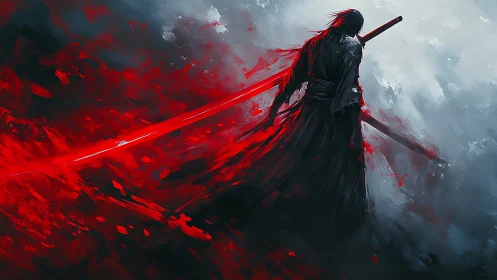 Solitary sword-wielding figure stands in abstract red mist