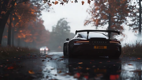 Autumn road sprint with a sleek sports car in gentle rain.