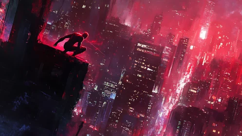Silhouette crouches on rooftop above dense neon red city