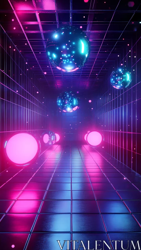 Neon spheres drift through a glowing sci fi tunnel of light