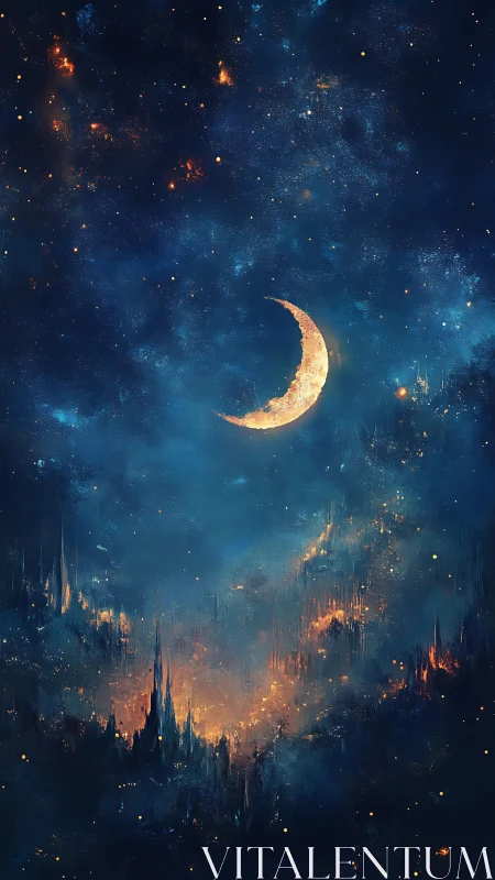 Crescent moon above luminous abstract skyline at night.