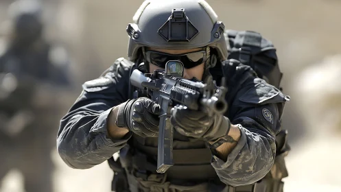 Focused special forces training in bright desert light.