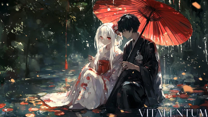 Anime couple under red umbrella in reflective forest rain.