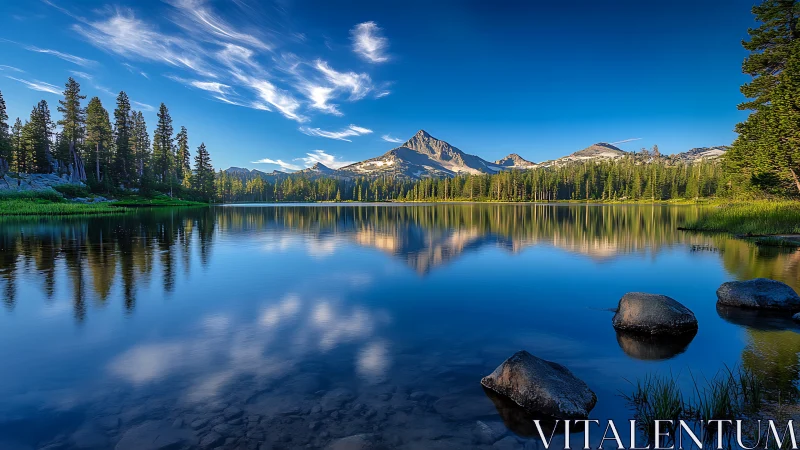 Mirror-still mountain lake quietly rehearses the morning sky