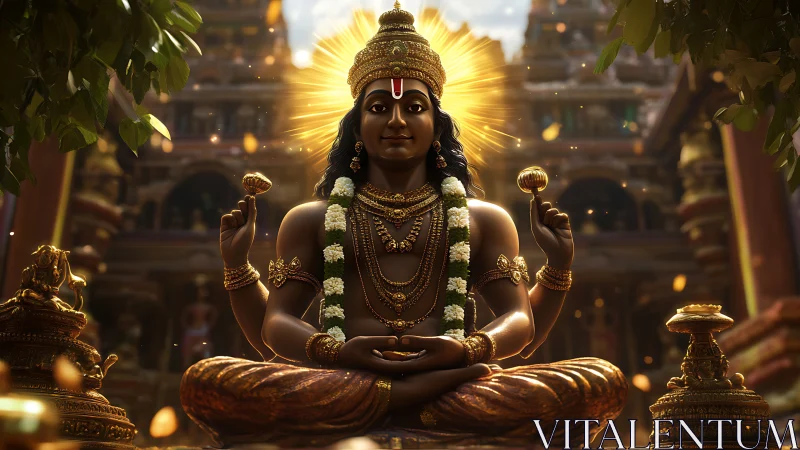 Seated four-armed deity statue glows before ornate temple