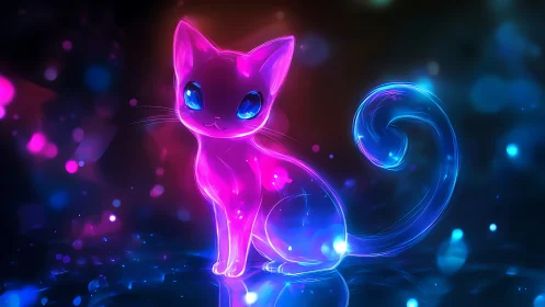 Glowing neon kitten perched in a dreamy rainbow nightscape.