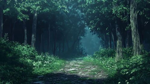 Enchanted forest path through misty ancient woodland.