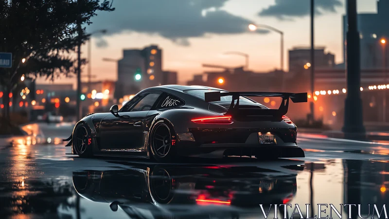 Photorealistic widebody sports car at dusk, reflective streetscape.