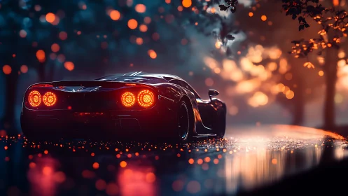 Sleek sports car glows warmly on a rain‑lit forest road