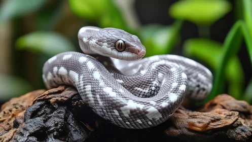 Gray patterned snake coiled on textured branch surface.