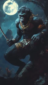 Gorilla warrior crouches under full moon with sword ready.