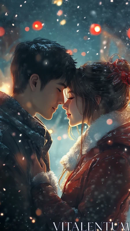 Two figures face each other amidst glowing particles and bokeh lights