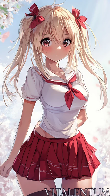 Spring breeze blush: anime schoolgirl among soft blossoms.