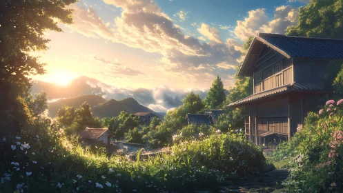 Sunlit rural house overlooks atmospheric mountain valley