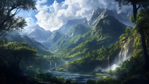 Mountain valley landscape with waterfalls and forests.