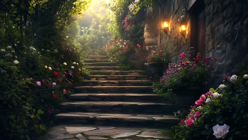 Stone garden staircase with warm lanterns and dense florals