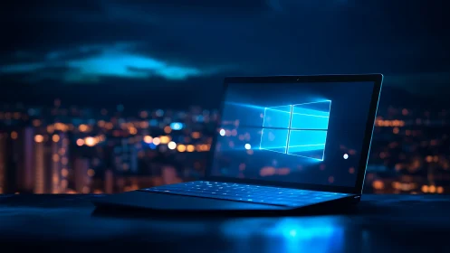 Laptop with glowing Windows screen overlooks vibrant cityscape.
