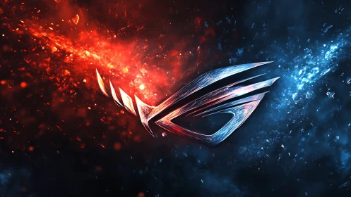 Metallic emblem divides molten red and electric blue cosmos.