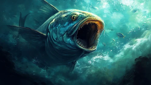 Ferocious deep sea predator lunging through teal currents.