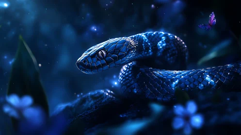 Blue serpent coiled in moonlit forest with glowing butterfly.