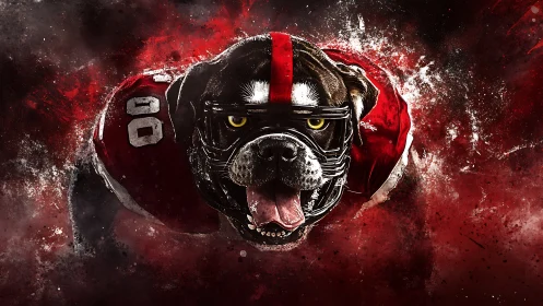 Snarling gridiron bulldog rockets through a crimson storm