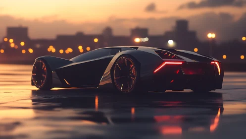 Futuristic hypercar renders with neon tail lighting at dusk.
