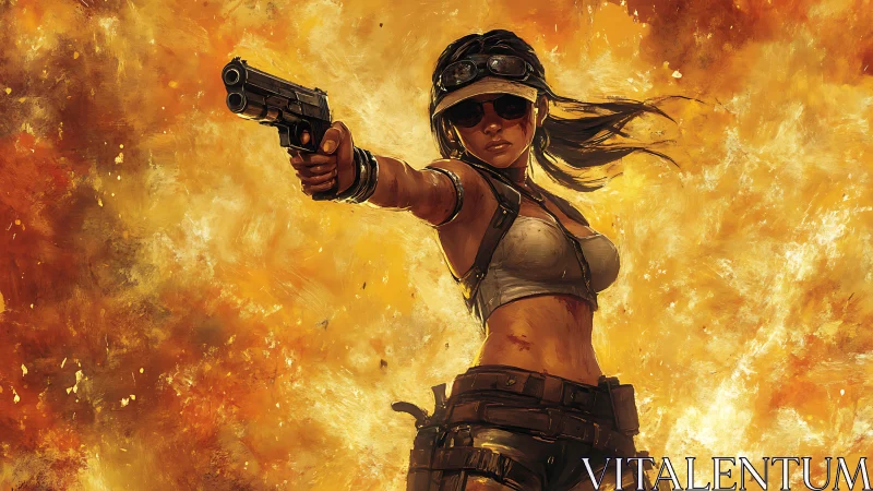 Dynamic action heroine against explosive abstract backdrop.