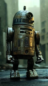 Weathered service droid standing in misty urban ruins.