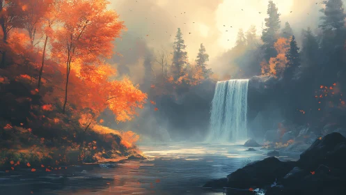 Autumn forest waterfall under diffused golden backlight.