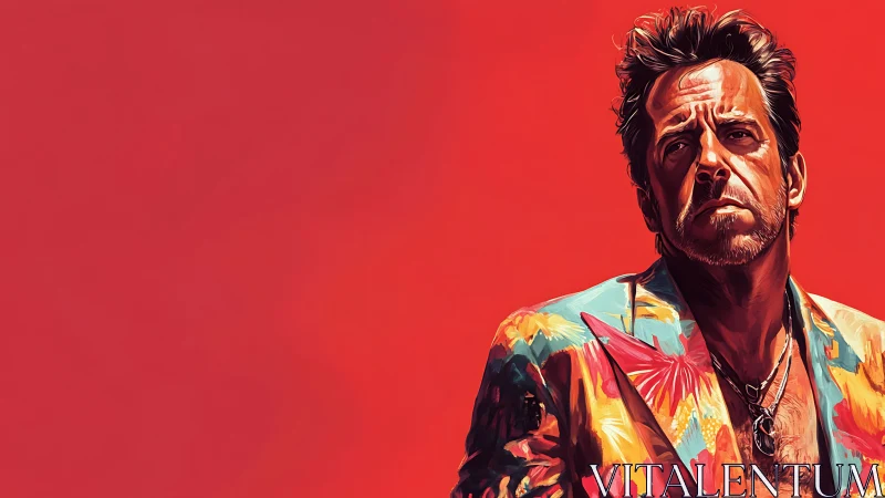 Man in bold floral jacket against vivid red background.