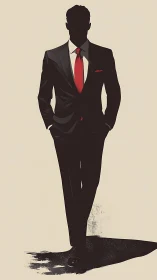 Silhouetted businessman in sharp suit with bold red tie.