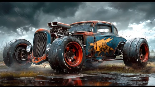 Rust-scarred hot rod tears through storm-soaked wasteland.