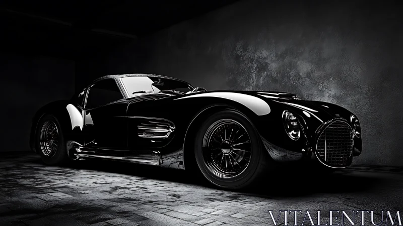 Sleek black sports car glows in dramatic monochrome lighting