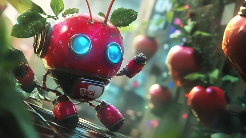 Tiny orchard explorer robot in glowing neon garden scene.