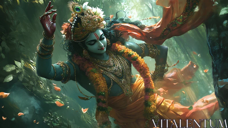 Divine blue-skinned dancer in ornate garb amid luminous forest