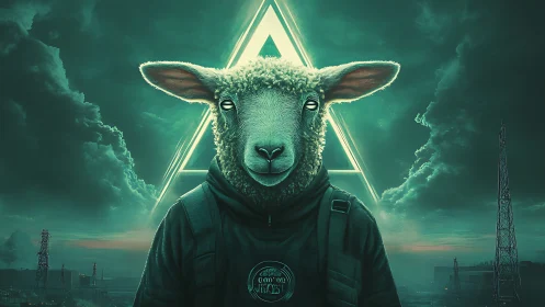 Sheep-headed figure stands against neon triangle in sky