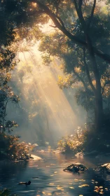 Sunbeams pour like liquid gold into a tranquil forest stream