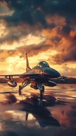 Stormlit fighter jet poised on rain‑slicked runway at dusk.