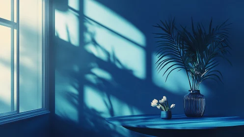Blue hour window shadows with palm vase and tulip still life.