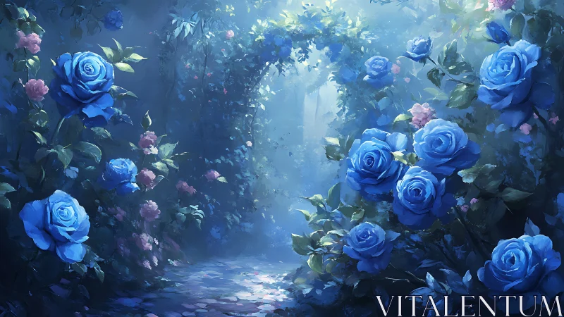Enchanting Blue Rose Garden Path Glowing with Magical Light
