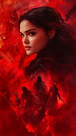 Digital painting portrait with fiery red cinematic composition.