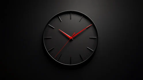 Minimalist black wall clock with red hands on dark background.