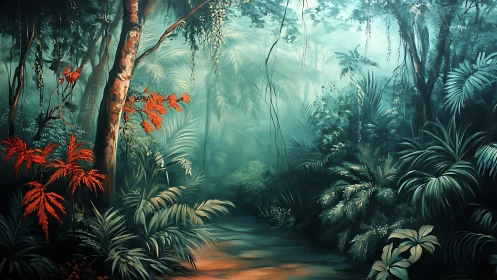 Misty Jungle Stream - Mystical Rainforest Digital Artwork