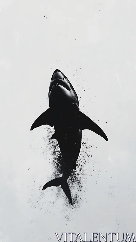 Minimalist shark silhouette bursting through abstract spray.