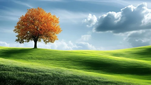 Solitary autumn tree crowns rolling green meadow under sky.