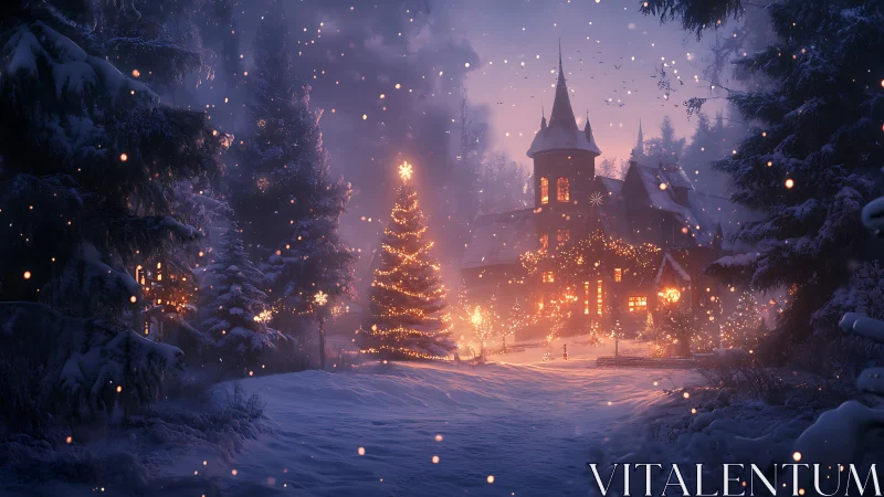 Winter forest cottage glowing with gentle holiday magic.