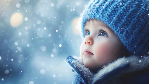 Child in Winter Clothing Gazes at Snowy Sky.
