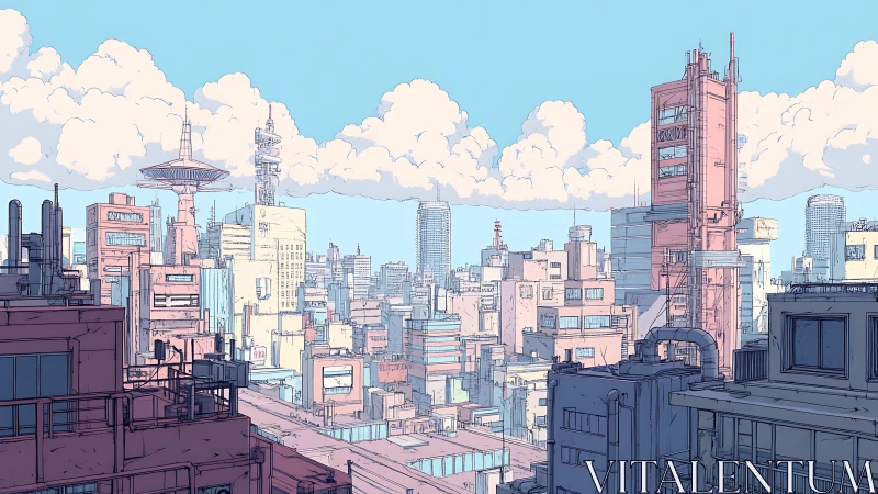 Pastel toned futuristic cityscape under clear sky.