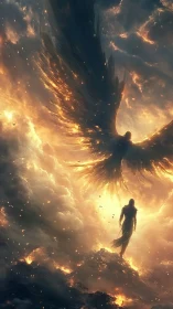 Celestial angelic silhouette ascends through blazing storm clouds