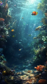 Sunlit coral reef canyon with tropical fish drifting below.